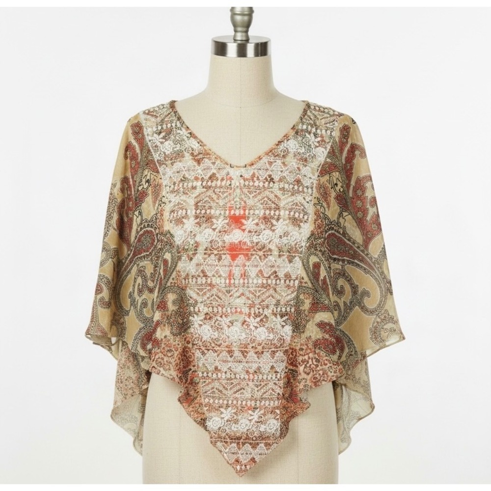 One World Live and Let Live Paisley Poncho Top Beige Red 1X
